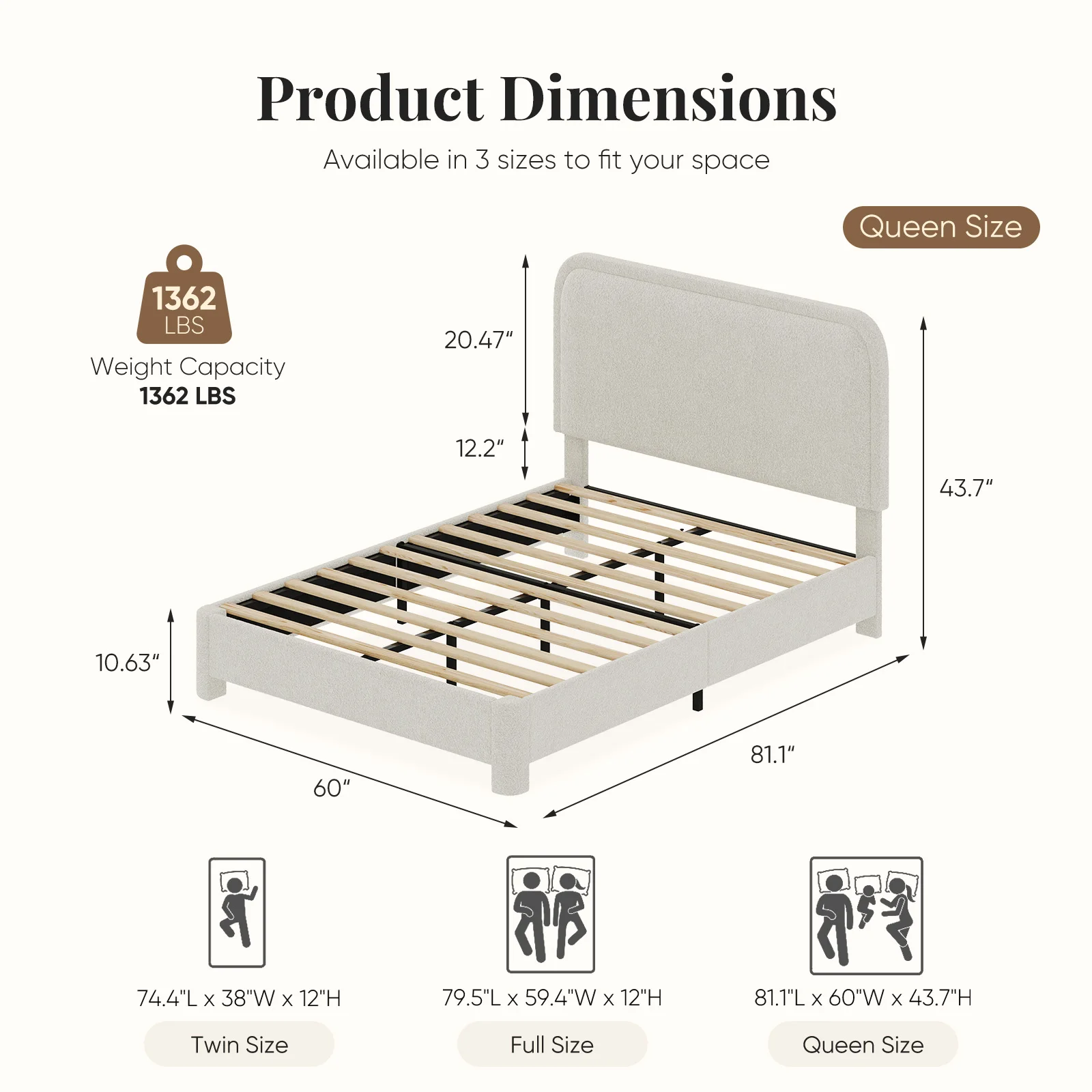 MCQ Bed Frame with Adjustable Teddy Fleece Headboard No Box Spring Required Wooden Slats Support Easy Assembly Noise Free For Home Bedroom