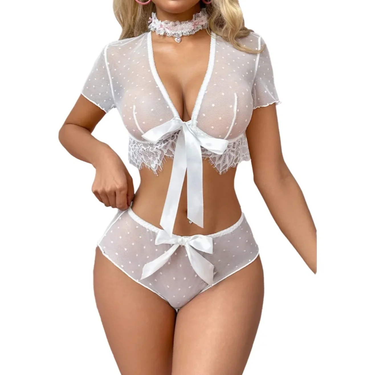 

Sexy lingerie Erotic lingerie White Perspective Mesh Polka Dot Top Bow Strap XXX Sexy outfit for women Hot Ppen Sexy costume
