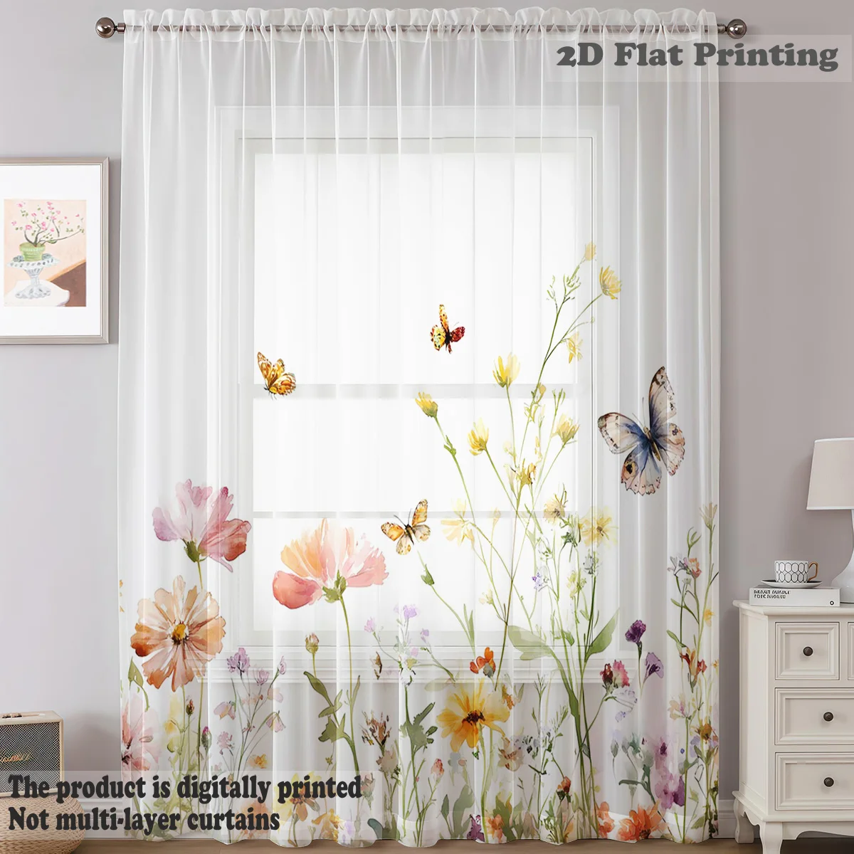 Vlinderthema Eendelig semi-transparant raamscherm Natuurlijk lichtgewicht Franse landelijke stijl tuinstang raamscherm