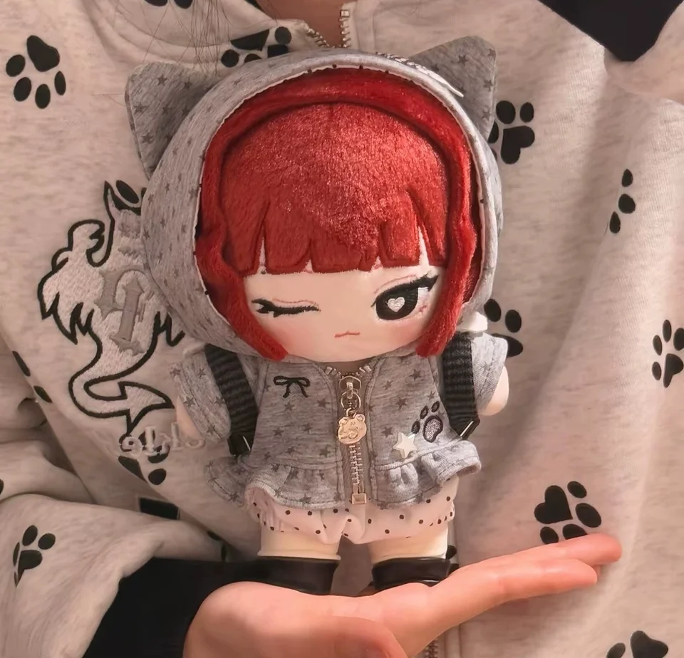 Vêtements de poupée en coton de 20 cm, tenue à capuche Y2K motif chat gris et étoiles, accessoire de change intérieur à pois avec chaussures pour collectionneurs de loisirs