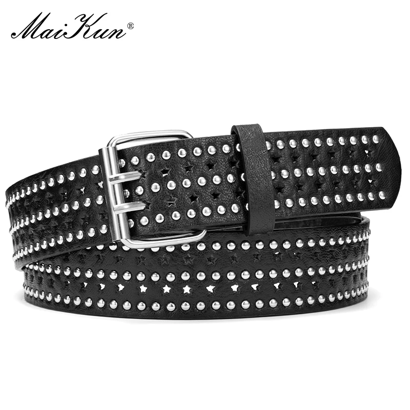 

Maikun Punk Women's Belt Trendy Silver Studs Star Hole Design for Jeans Fashion Accessory