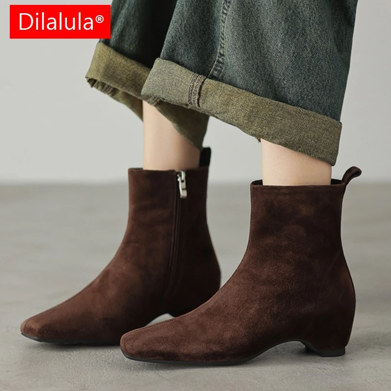 

Dilalula 2026 Popular Kid Suede women's Short Boots Square Toe Med Thick Heels Female Retro Ankle Boots For Autumn Winter Shoes