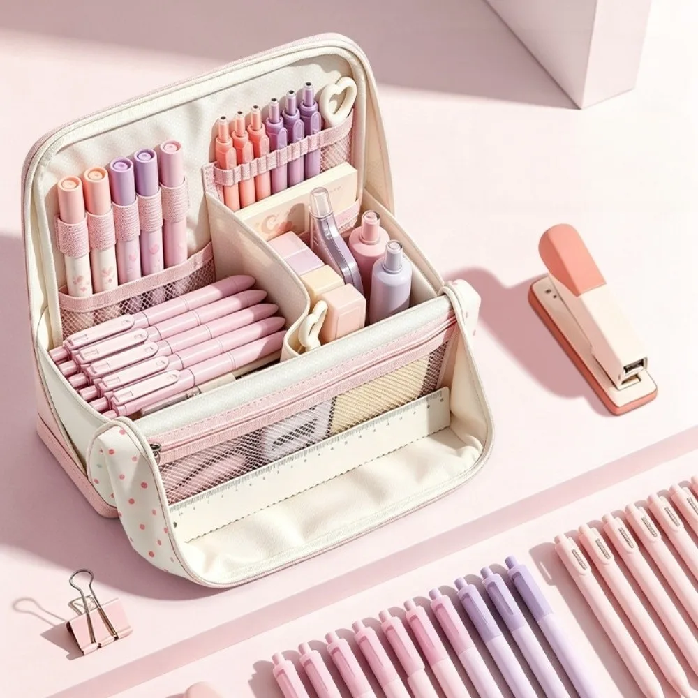 Large Capacity Magnetic Standing Pencil Case Multi-layer Portable Polka Dot Pen Bag Stable Hand-held Stationery Bag School