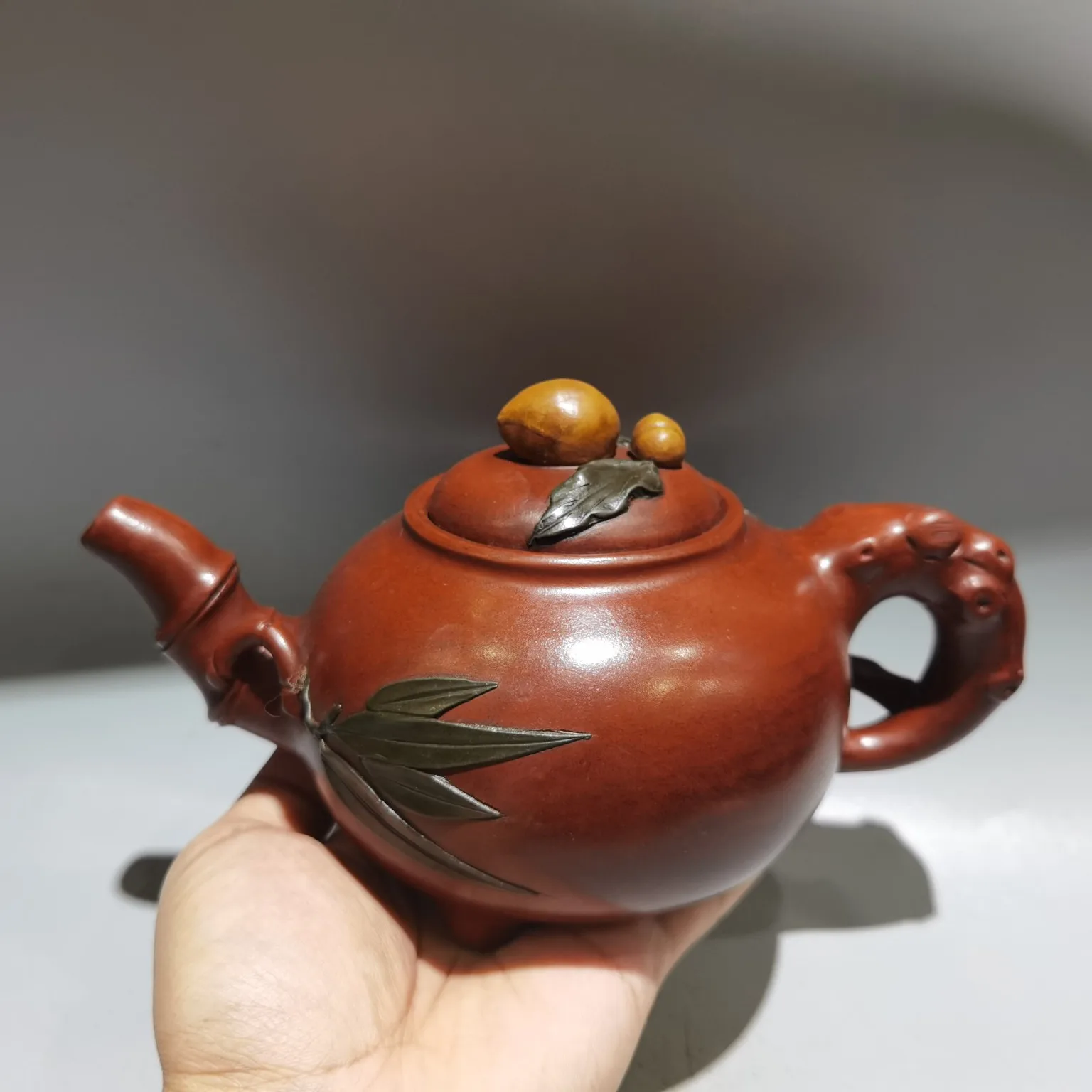 

8"Chinese Yixing Purple Clay Teapot Longevity Peaches Kettle Teapot Flagon Gather fortune Ornaments Town house