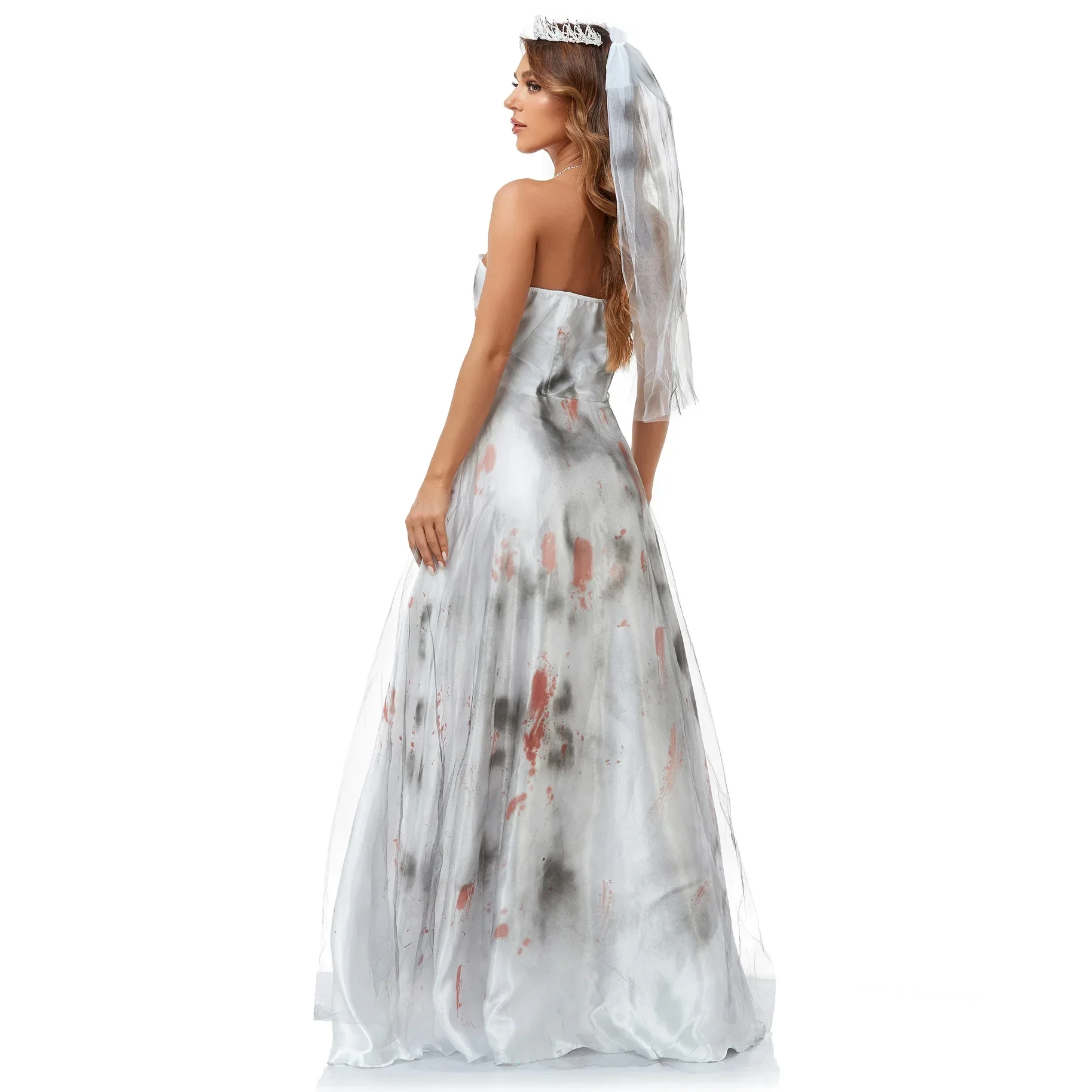 Robe de cosplay de mariée Ghoul éclaboussée de sang pour femmes, voile et robe, costume d'Halloween adulte gothique, sorcière, vampire, zombie, habillage