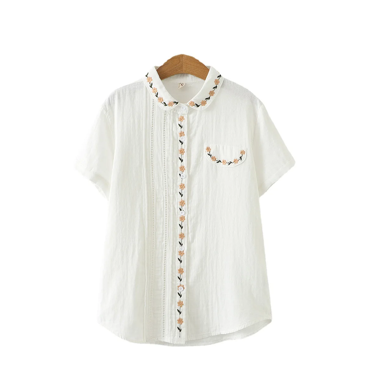 Casual Cotton Short Sleeve Shirt Women 2022 Summer New Literary Lapel Flower Embroidery Shirt Women Tops and Blouse Lady Clothes