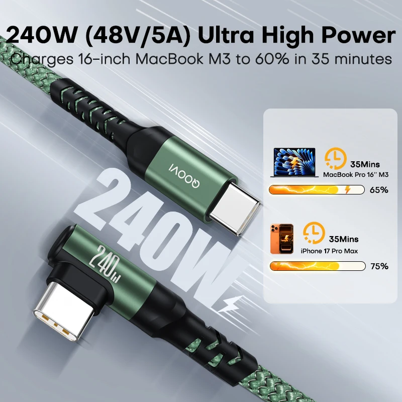 QOOVI PD240W Elbow Cable Ultra Fast Charging USB Type C Cable PD3.1 Quick Charge for Laptop Samsung Xiaomi iPhone 17 MacBook