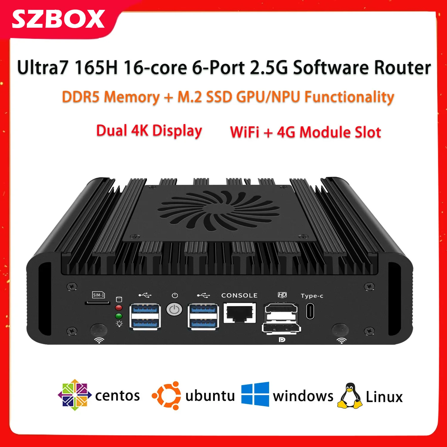 SZBOX Mini Soft Router Ultra 7-165H Meteor Lake Zweikanal SO-DIMM DDR5 6x2,5G LAN M.2 NVMe WiFi5 4K HDMI/DP Win11
