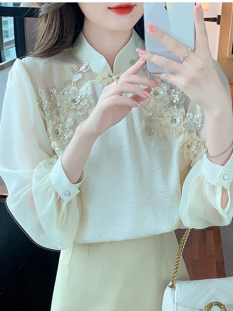 #2577 Chinese Style Vintage Blouse Femme Stand Collar Split Joint Chiffon Long Sleeve Blouse Women Sexy Thin Sequined Flower