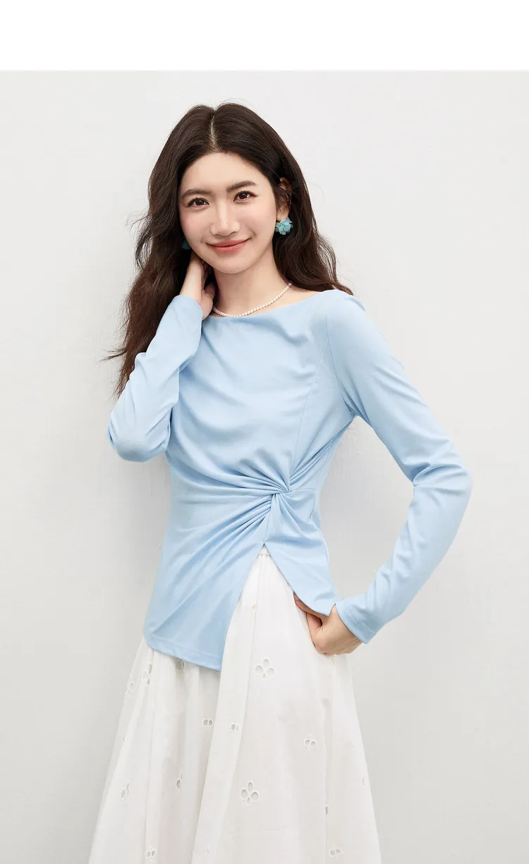 SENTUBILA Lyocell-T-Shirts für Damen, Frühling 2026, schulterfreier Ausschnitt, verdrehter, unregelmäßiger Saum, schlichte Strickoberteile W61TL5033 – Detail 13