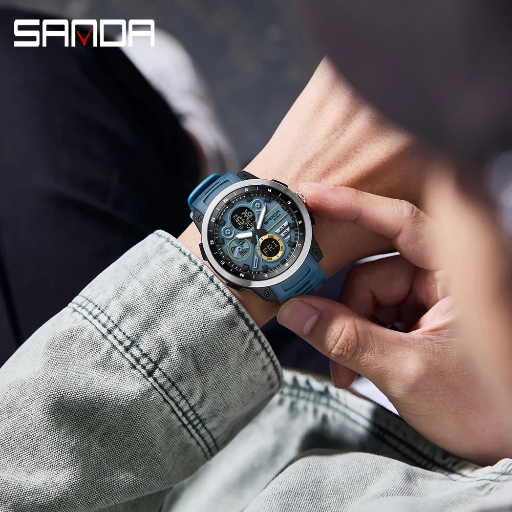 SANDA Brand 3379 New Men\'s Electronic Watch Dual Screen Sports Multi functional Waterproof LED Men\'s Electronic Watch