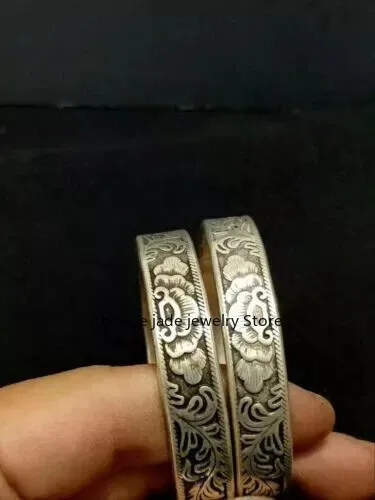 2pc Old Chinese Sterling Silver Ornate Etched Engraved Bracelet---