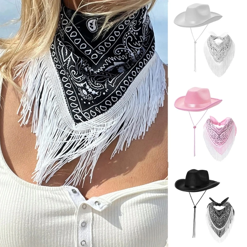 Fringed Cowgirl Costume Set for Bachelorettes Party Cowboy Hat Print Bandanas Women Bridal Shower Costumes NightClub Suit