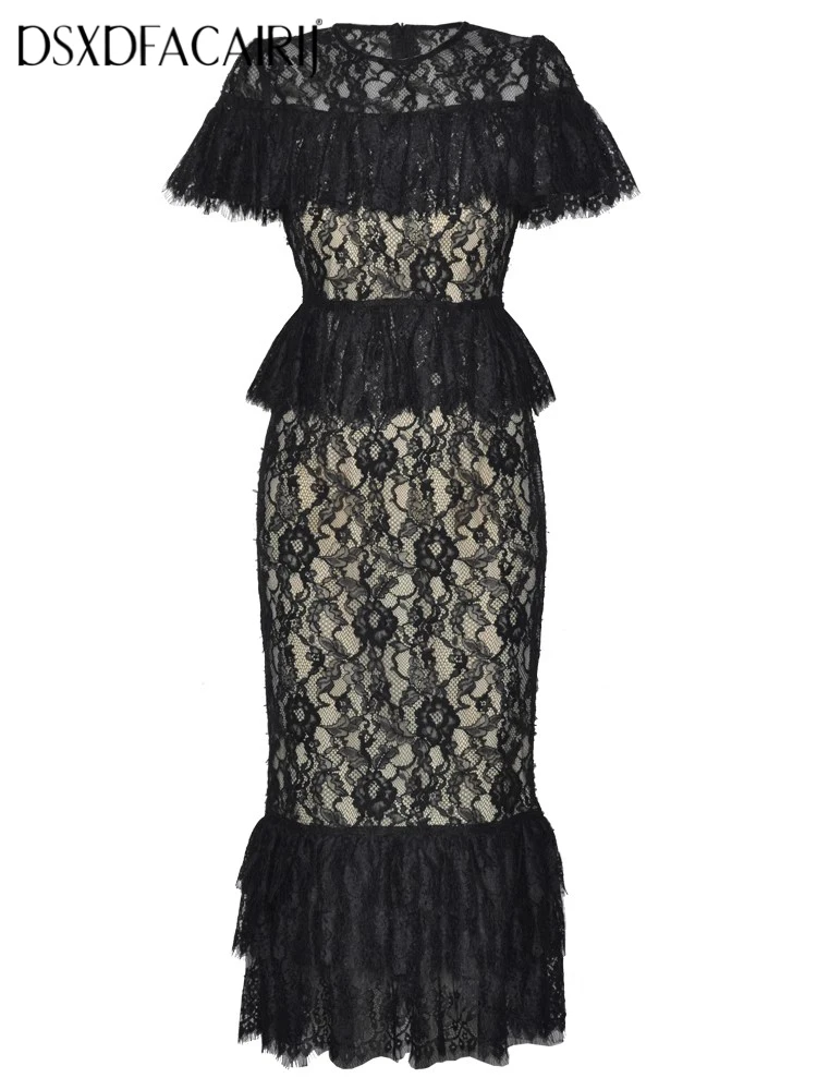 

DSXDFACAIRIJ Black Mermaid Dress with Hollow out Lace O-Neck Butterfly Sleeves for Women Elegant Party Fashion Summer Female
