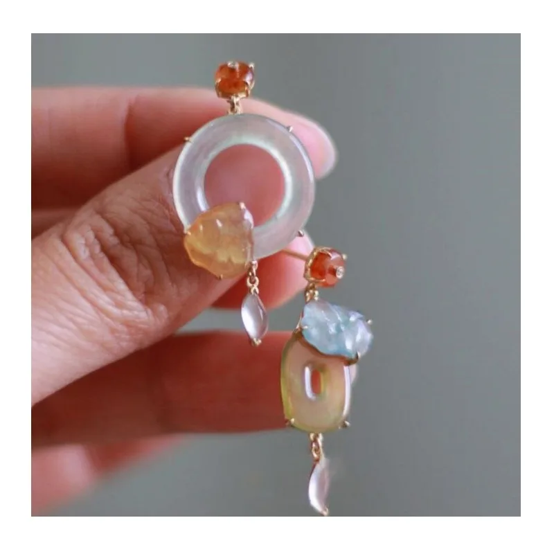 

National Style Irregular and Clear New Chinese Earrings New High-end Retro Square Face Imitation Chalcedony Versatile Exquisite