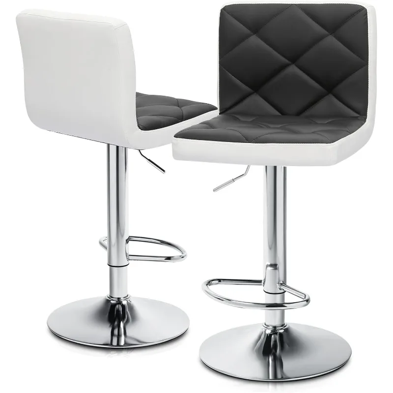 

Bar Stool Set of 2 Height-Adjustable Barstools Black-White Blocking PU Leather Bar Chairs Counter Swivel Stool