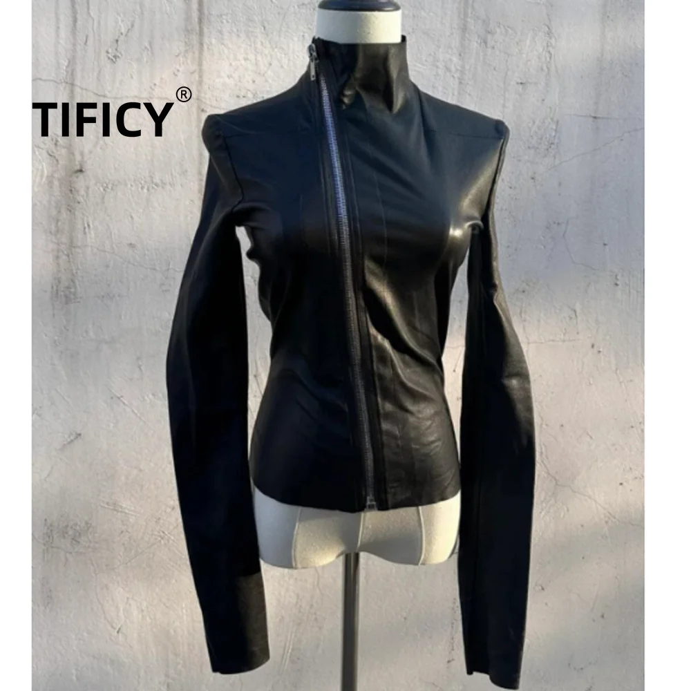 High Street Jackets Dark RO Style Women's Autumn New High Neck PU Leather Jacket Slim Fit Slanted Zipper Jacket Short Jacket