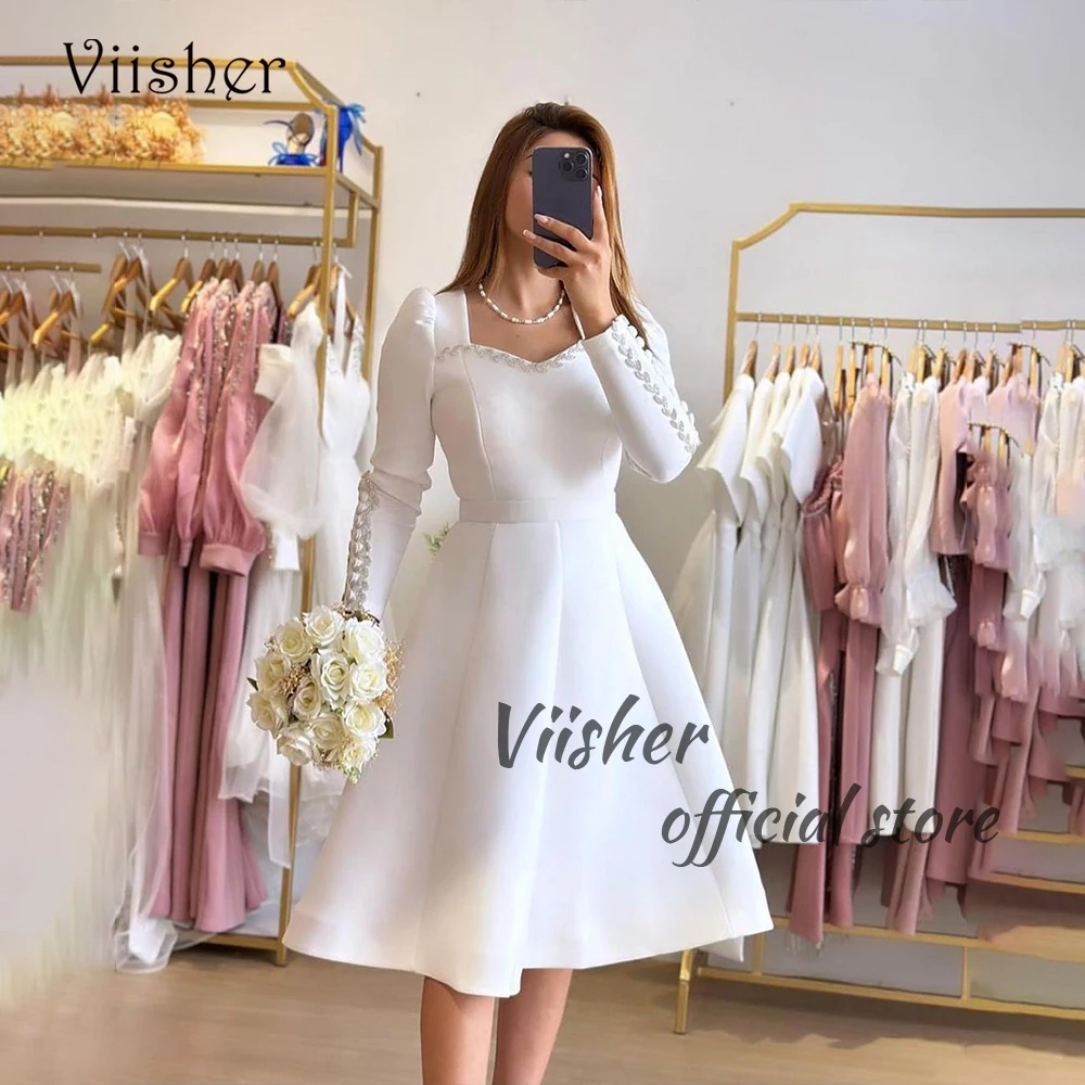 

White Satin A Line Wedding Party Dresses Long Sleeve V Neck Arabian Dubai Formal Prom Dress Tea Length Evening Gown Lace Up Back