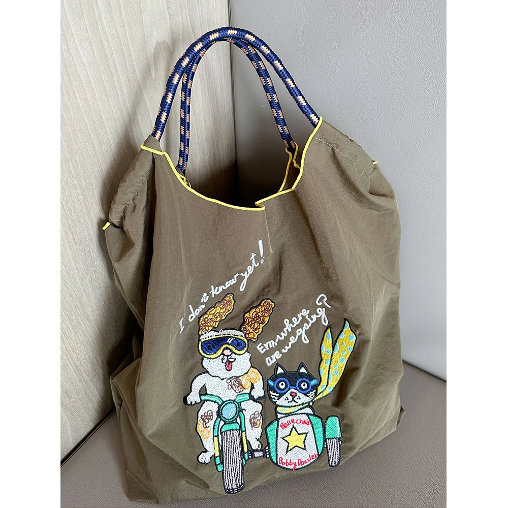 Large Capacity Eco Bag Nylon Tote Shoulder Bag Cartoon Embroidery Handbags Rope Handle Shopper Purses Drawstring Bags for Women