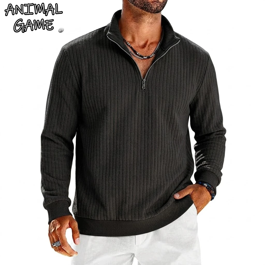 

New Men's Quarter Zip Sweatshirts Luxury Solid Stripes Pullover Zip Up Hoodie Coats Gym Man V-Neck Shirts Long Sleeve Streetwear