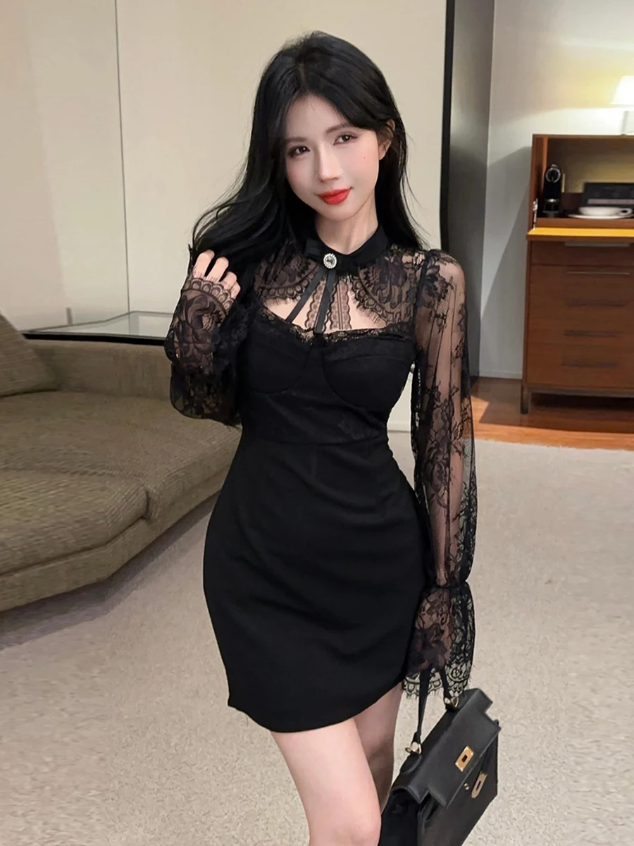 خمر الحلو Y2K الأسود شير الدانتيل مساء اللباس المرأة مثير انقطاع جرس كم Bodycon البسيطة فستان قصير حزب ثوب الراقية سيدة