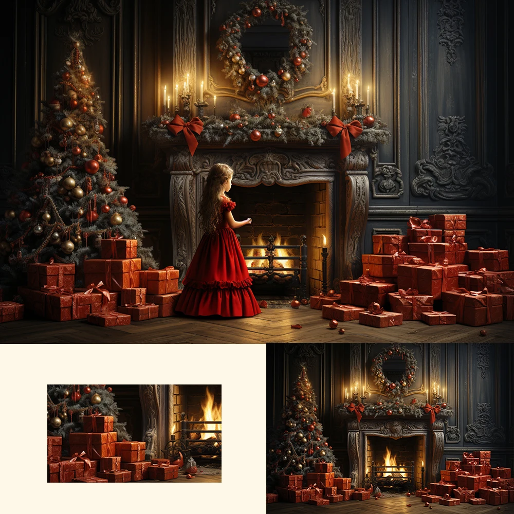 

Retro Xmas Room With Fireplace Backdrop Child Baby Photography Props Adult Kids Photocall Decors Red Gifts Trees Background