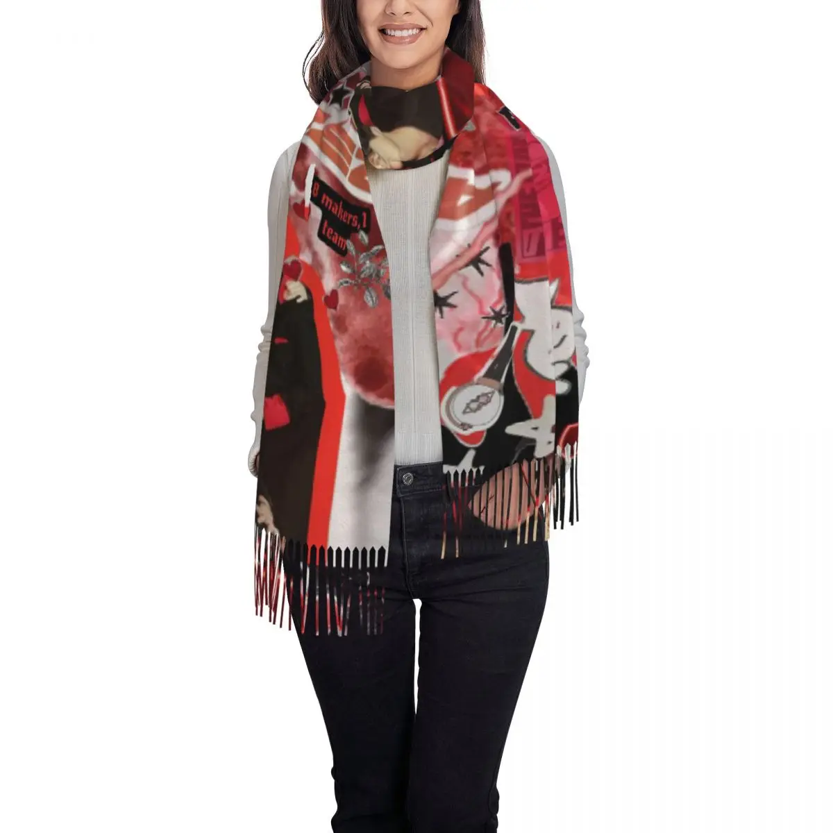 Kpopスター歌手アイドルATEEZ ATINYスカーフタッセル付きスカーフ女性用ソフトで暖かいショールとラップ大型秋冬ショールラップ