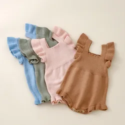 Barboteuse à manches à volants pour bébés filles, col carré solide, combinaison pour nouveau-né, tout-petit, vêtements mignons, automne