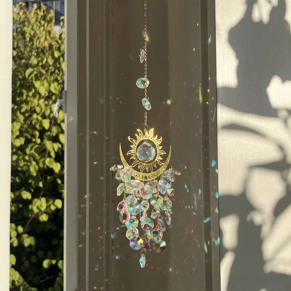 Dreamy Light Evil Eye Wind Chime, Sun Moon Design, Crystal Light Catcher, Balcony Window Decor