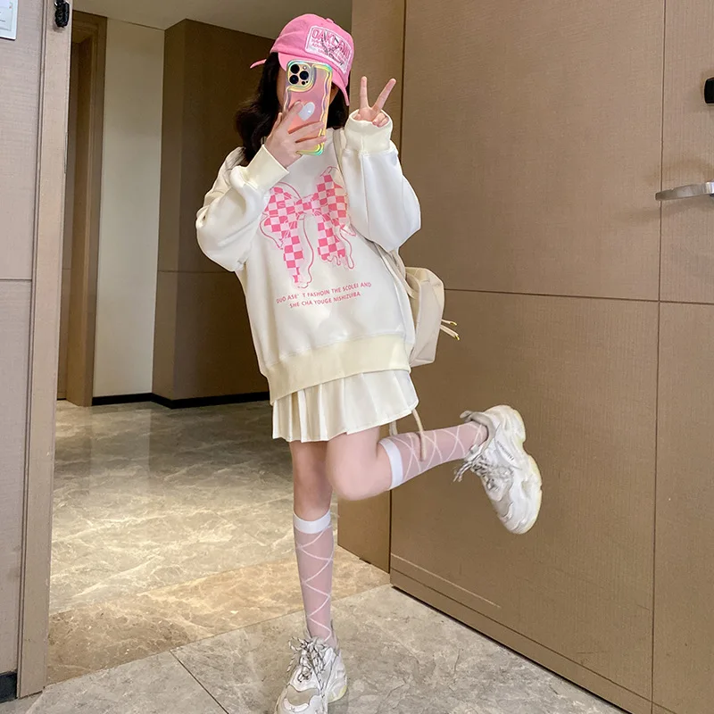 

2025 Korean Autumn School Girl 2PCS Clothes Set Teenager Girl Butterfly Printed Sweatshirt+Pleated Skirt 4-14Y Girls Dress Sets