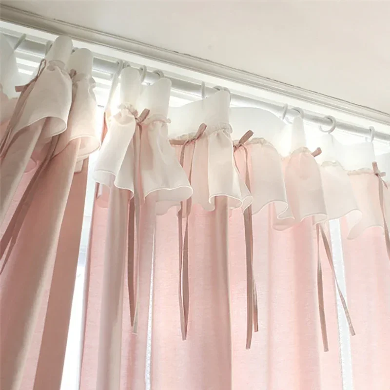 French Elegant Bowknot Lace Curtains Living Room Princess Pink Cotton Lace Curtains For Balcony Wedding Curtains #A197