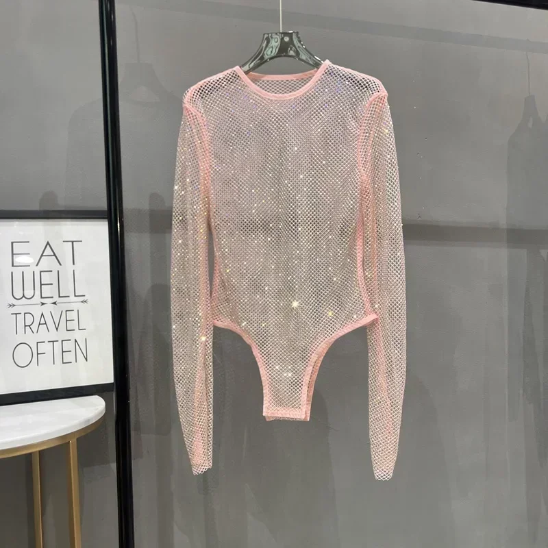 Sexy Mesh Hollowed Out Jumpsuit T-shirt Rhinestone Round Neck Tight See-through One-piece Bottoming Shirt Ms