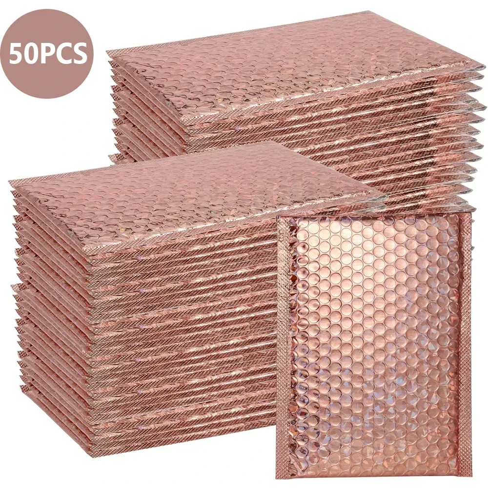 50Pcs Packaging Supplies Holographic Shipping Bags Champagne Color Metal Bubble Mailer Small Business Envelope Mailing Office