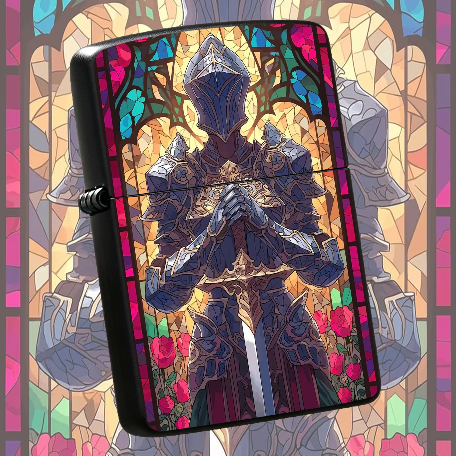 Stained Glass Knight Pattern Windproof Lighter, Medieval Holy Knight Holding Sword Themed PORTABLE Lighter, Unique Creative Artistic Collectible Igniter, Exquisite Decor Gift for Boyfriend, Comrade on Birthday Holiday A Fun and Humorous