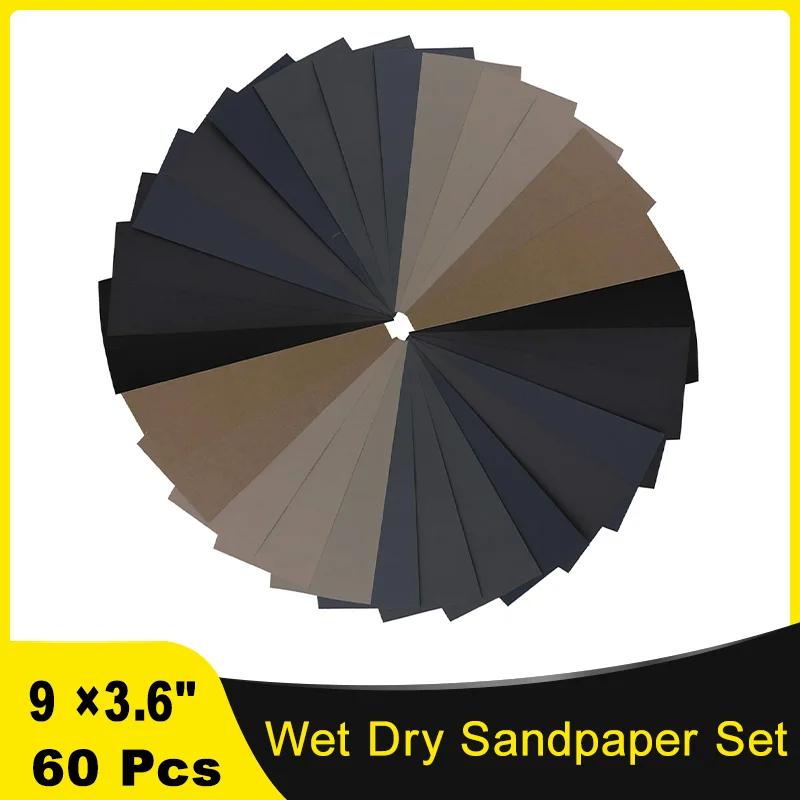 

9 ×3.6" Wet Dry Sandpaper Set 60 Pcs 120-5000 Grit Assortment Variety Package Sanding Sheet for Wood Metal Polish Automotive