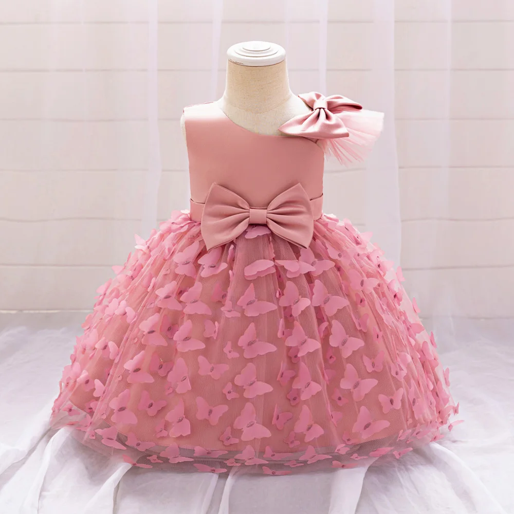 Fashion Butterfly Tulle Baby Party Girl Princess Dress Big Bow First 1st Birthday Flower Girls Tutu Dresses Baptism Evening Gown