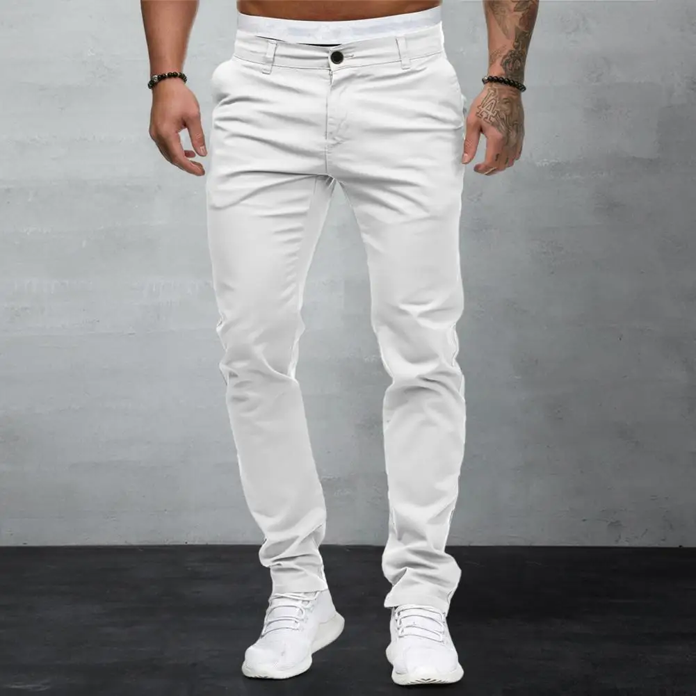 

Mid Waist Pants Slim Fit Breathable Ankle Length Pencil Pants for Men with Zipper Closure Thin Pockets Soft Solid Color Trousers