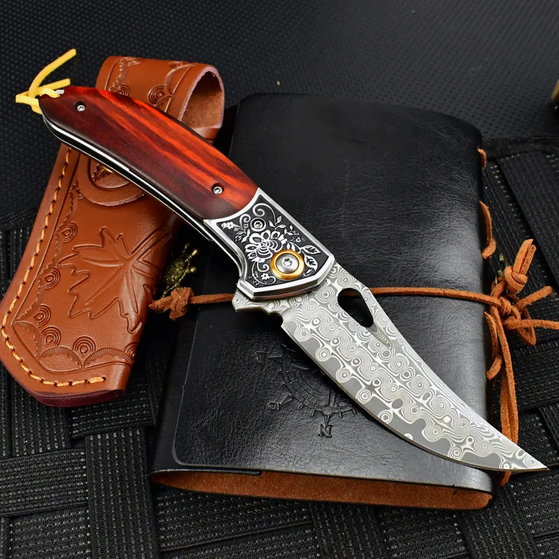 Gift collection Damascus steel self-defense folding knife Wild camping fishing hunting sharp knife pocket EDC portable