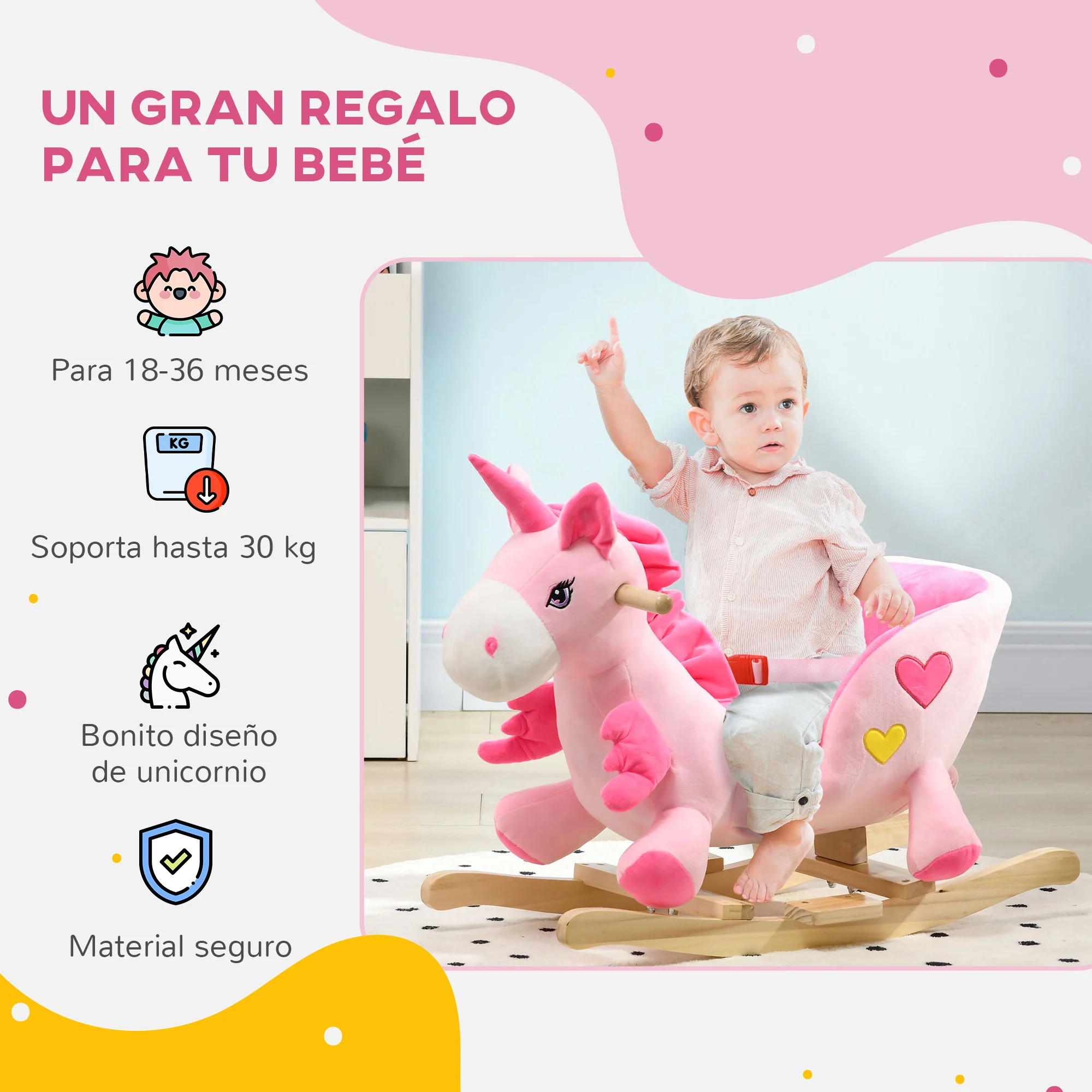 Imagen 6: HOMCOM Caballito Balancín para Bebés en Forma de Unicornio 65x35x45 cm Rosa