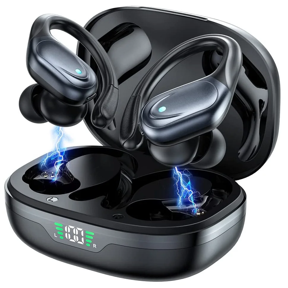 سماعات رأس رياضية لاسلكية مع ميكروفونات، تحكم في الأزرار، شاشة LED للطاقة، صوت ستيريو Hifi، سماعة رأس لاسلكية بلوتوث 5.4