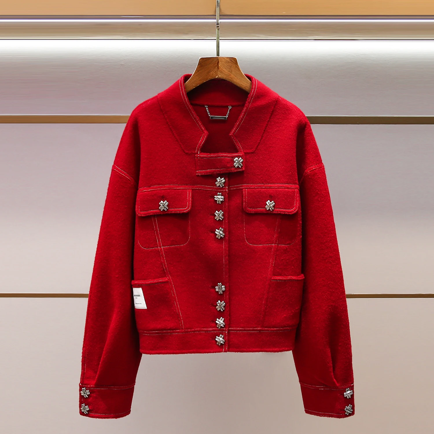 

Red Stand Collar ket ort Coat Women's Spring New Design High End Faion Outerwear Jaet Casual Commute Sle Ladies