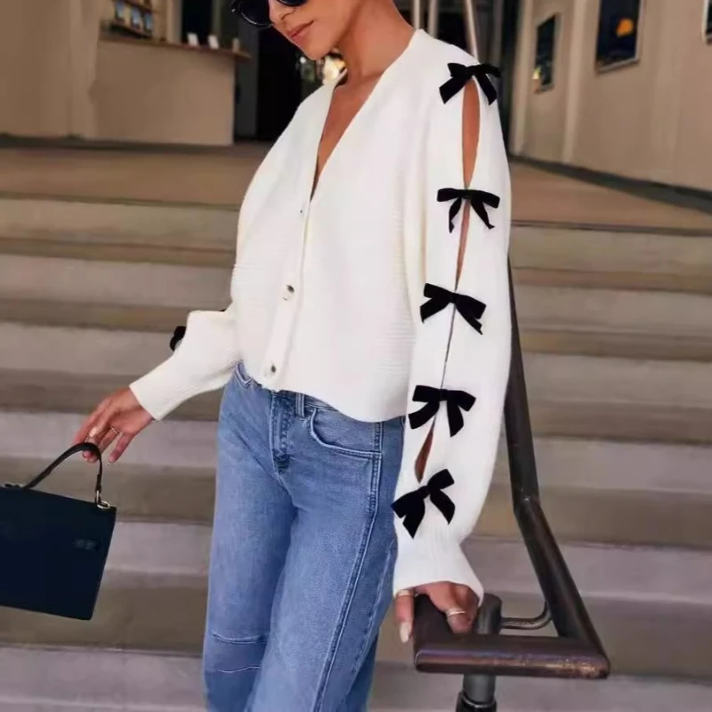 

2026 New Celebrity Cardigan Top V-neck Knitted Bow Jacket Women