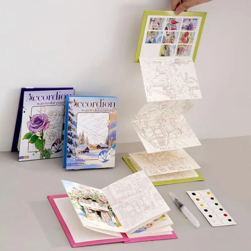 Portable Watercolor Painting Book Foldable Graffiti Coloring Book Kit With Built-in Paint Kids Art Gift For Holiday Birthday