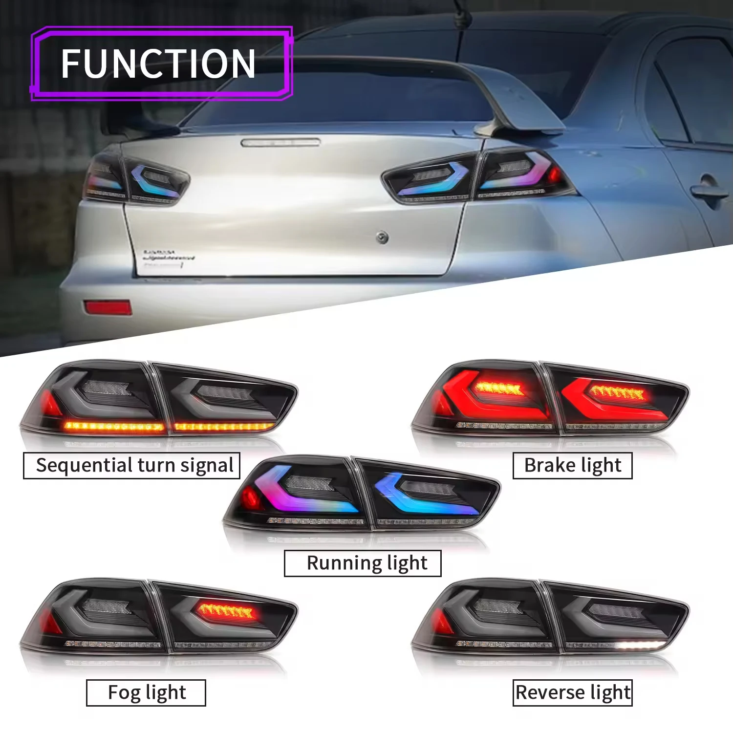 Lampu Belakang RGB E9-Mark Untuk Mitsubishi LANCER EX EVO 2008-2018 Kondisi Baru Animasi Warna-warni Aksesori Lampu Belakang Mobil