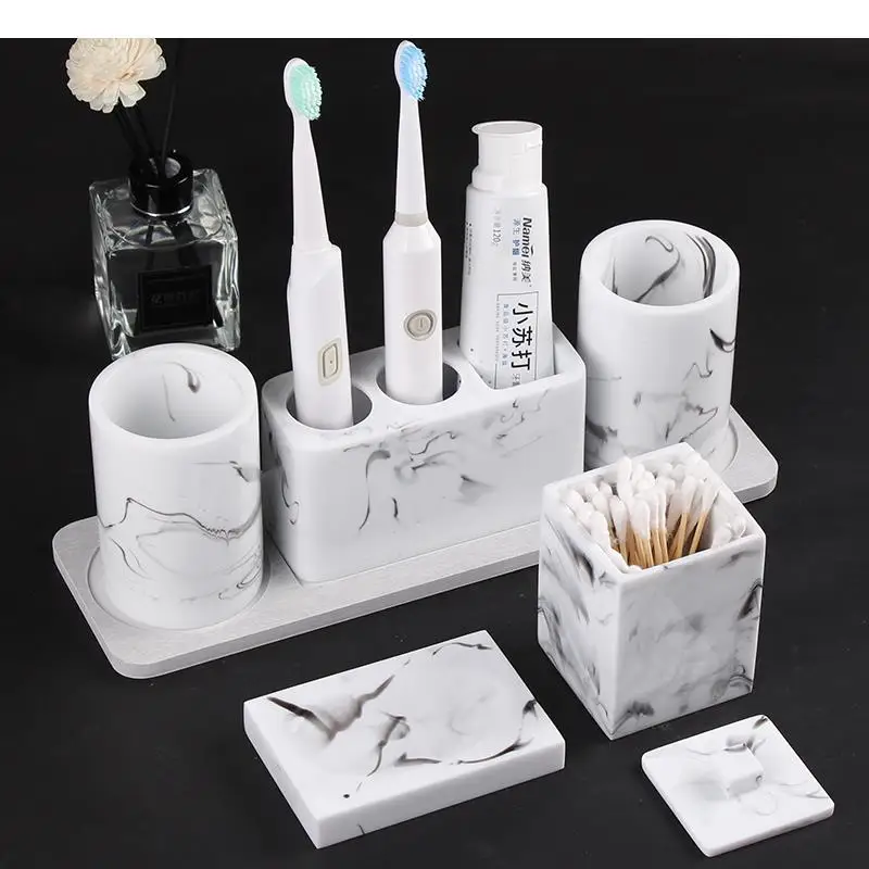 

Resin Wash Set Toiletries Bathroom with Tray Toothbrush Holder Mouth Cup Lotion Bottle Cotton Swab Box Soap Dish