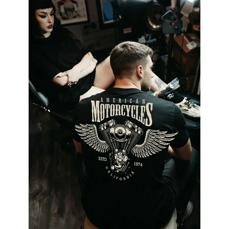 European and American Motorcycle Wing Printed Short Sleeved Men's T-shirt, Retro Rock Pure Cotton Half Sleeved