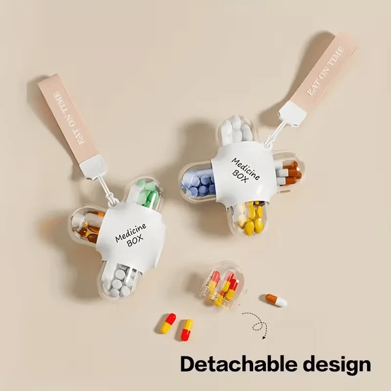 1pc Medicine Box Waterproof Portable Four Independent Sealing Compartments Pill Organizer Hanging Rope Tablets Storage Contanier