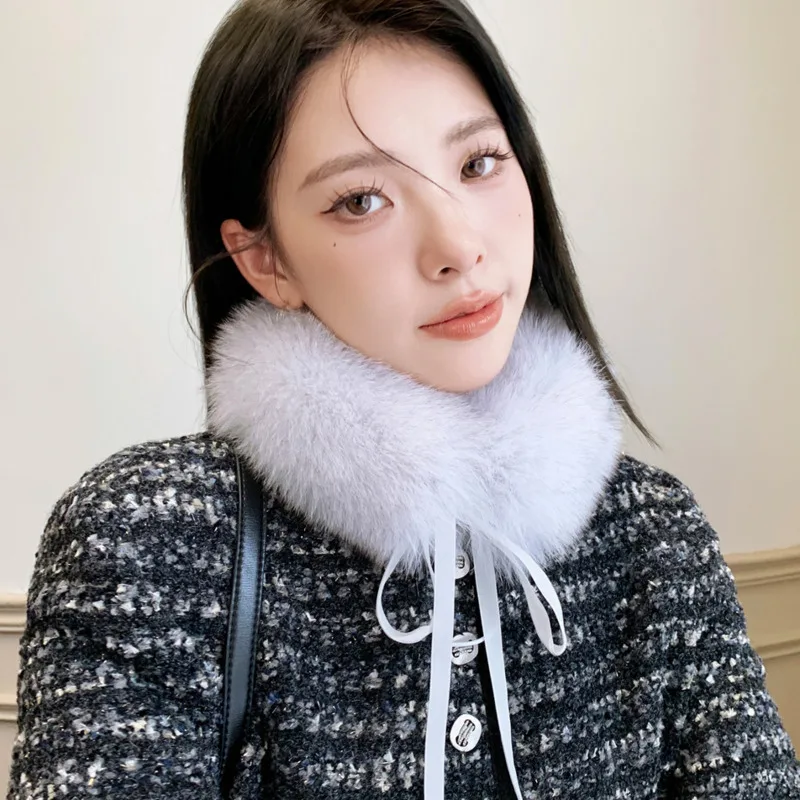

Fox Fur Scarf Fur Collar Winter Women's Double-sided Silk Ribbon Fur Scarf Warmth Female Natural Fur Scarf Fluffy Neck Warmer