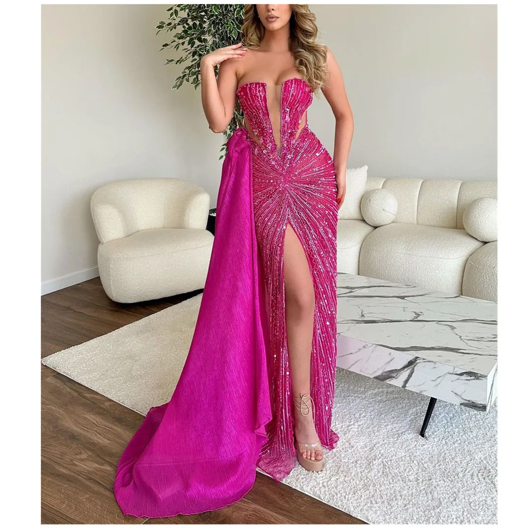 Robes de soirée sirène scintillantes sans manches col en V Appliques fente avant dentelle 3D paillettes fermeture éclair grande taille robes de bal sur mesure