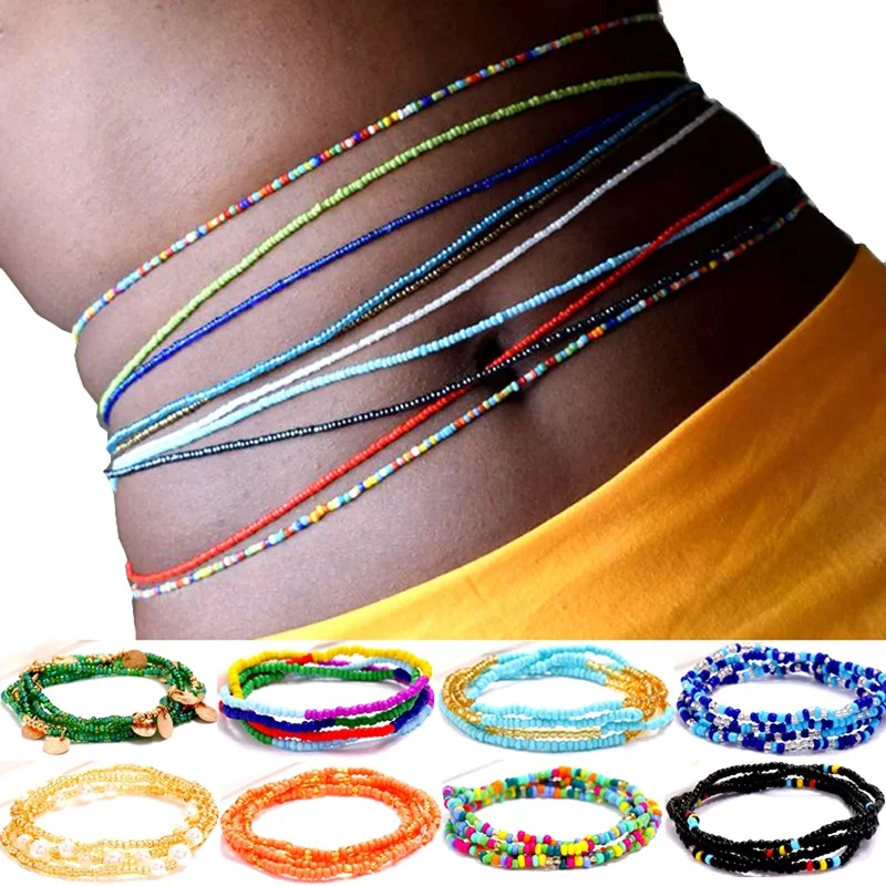 1pc African Beads Waist Chain Necklace Bracelet Anklets Stretchy Waist Chain Belly Beads Chain for Women Sexy Bikini Accessories